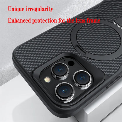 Funda magnética de fibra de carbono de lujo para iPhone 16, 15, 14 Plus, 13, 12, 15 y 16 Pro Max, funda protectora con soporte de aleación de aluminio