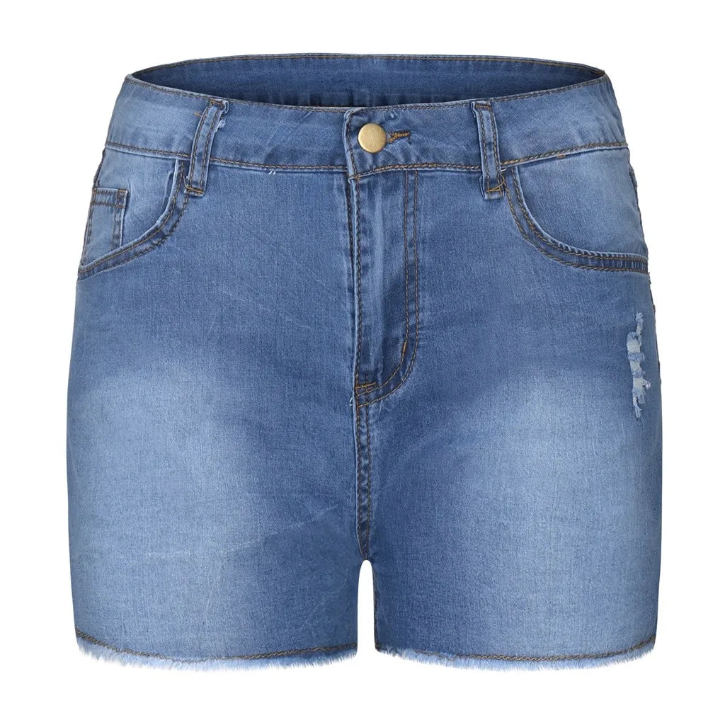 Pantalones cortos de mezclilla de cintura alta para mujer, pantalones cortos elásticos de cadera envueltos con borde crudo, pantalones vaqueros rasgados Retro, ropa de calle sólida, verano, caliente