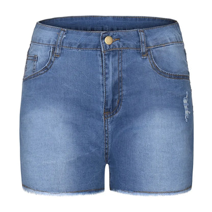 Pantalones cortos de mezclilla de cintura alta para mujer, pantalones cortos elásticos de cadera envueltos con borde crudo, pantalones vaqueros rasgados Retro, ropa de calle sólida, verano, caliente