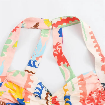 MUJER-Top corto con estampado de almazuela para mujer, Top sin mangas con cuello Halter y espalda descubierta con tirantes y hombros descubiertos, Tops cortos fruncidos de verano para mujer
