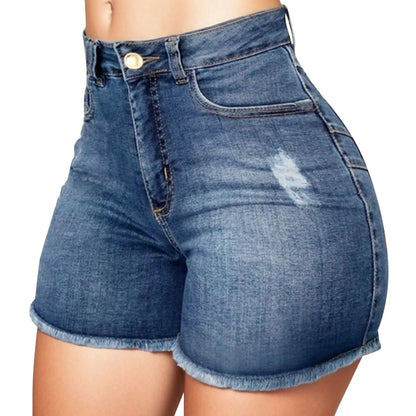 Pantalones cortos de mezclilla de cintura alta para mujer, pantalones cortos elásticos de cadera envueltos con borde crudo, pantalones vaqueros rasgados Retro, ropa de calle sólida, verano, caliente