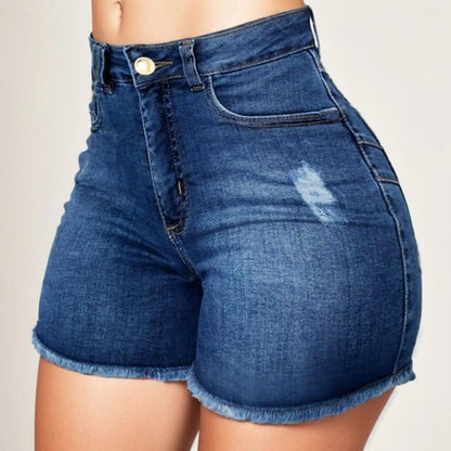 Pantalones cortos de mezclilla de cintura alta para mujer, pantalones cortos elásticos de cadera envueltos con borde crudo, pantalones vaqueros rasgados Retro, ropa de calle sólida, verano, caliente