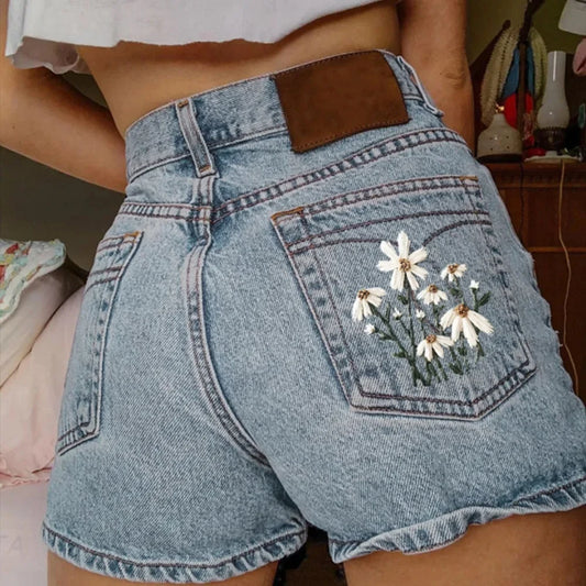 Pantalones cortos para mujer, pantalones vaqueros, pantalones vaqueros, pantalones bordados florales, cintura alta, informales, bolsillos regulares, empalme elegante, otoño