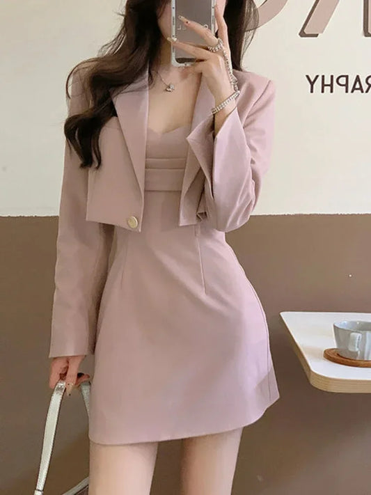 Conjunto elegante de dos piezas para mujer, chaqueta y Vestido con tirantes, informal, moda coreana, Otoño, 2024