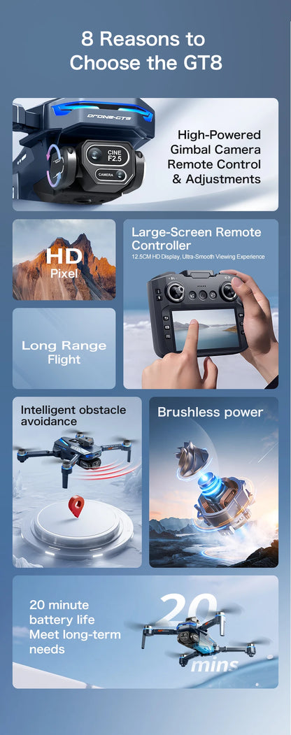 2025 Nuevo GT8 Drone GPS 8K Profesional HD 360 °   Cámaras duales 5G WIFI motores sin escobillas evitación de obstáculos juguetes de cuadricóptero plegables