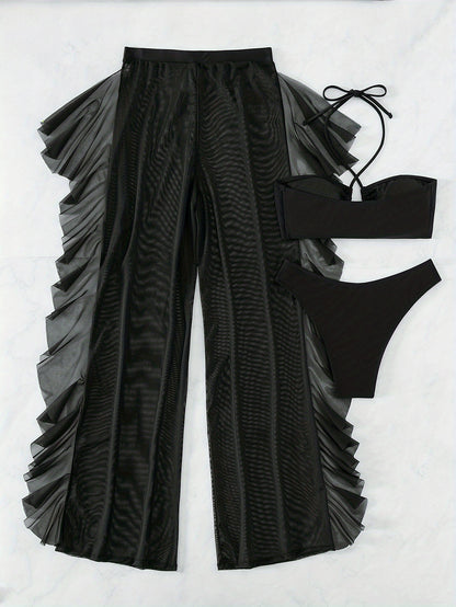 [Sexy Mesh Bikini] Three-piece Sexy Black Mesh Bikini Swimsuit Women's Pure Fashion Gathered Cross-Band Panty