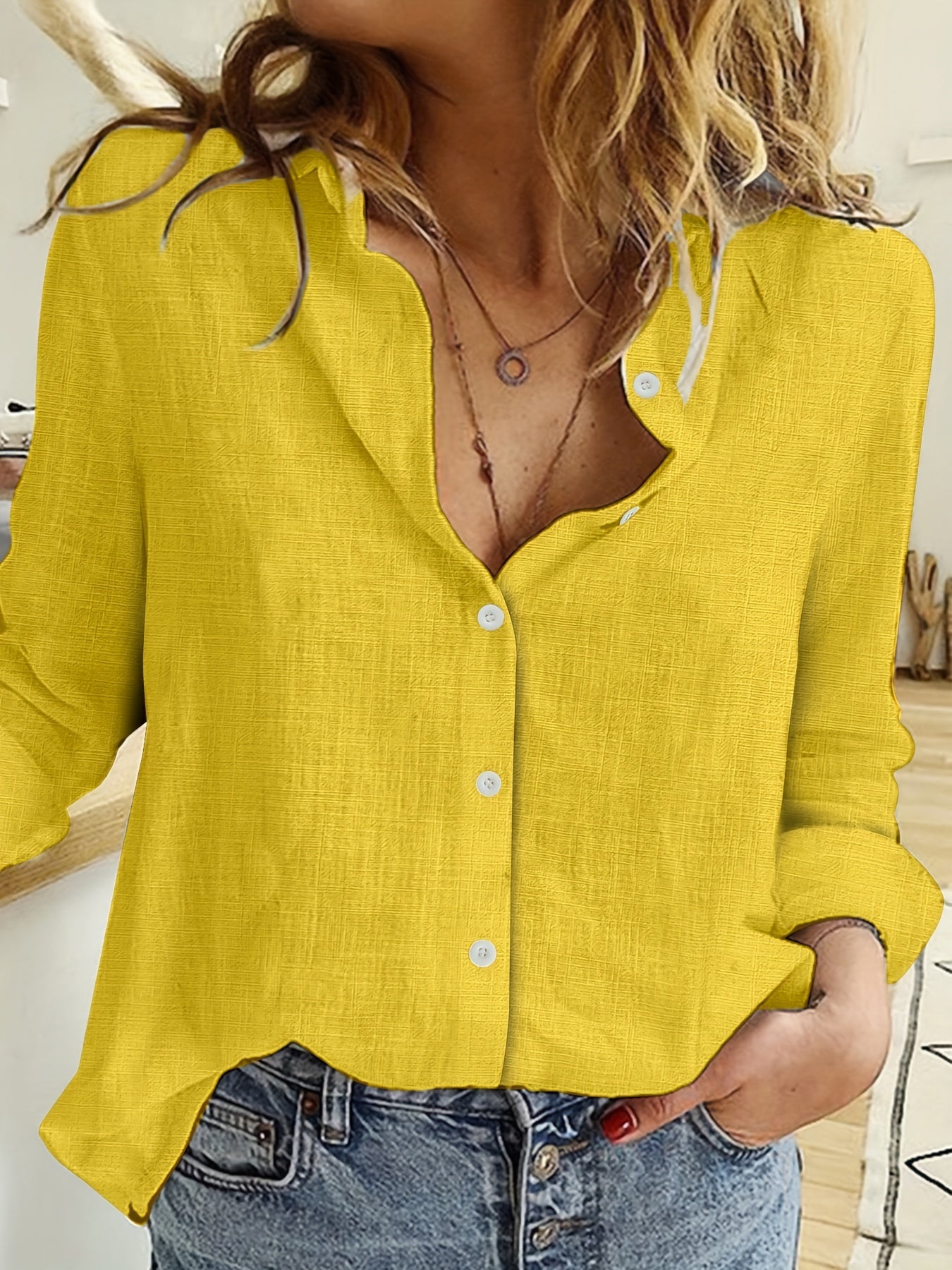 Camisa de lino de manga larga, camisa casual con botones para primavera y otoño, ropa de mujer
