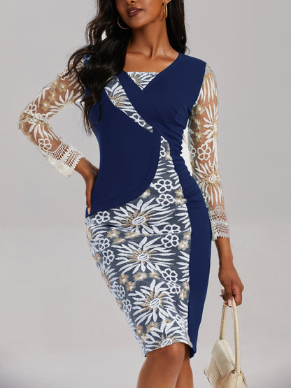 3/4 Vestido de manga con cuello en V, elegante vestido midi ajustado de cintura delgada, ropa de mujer