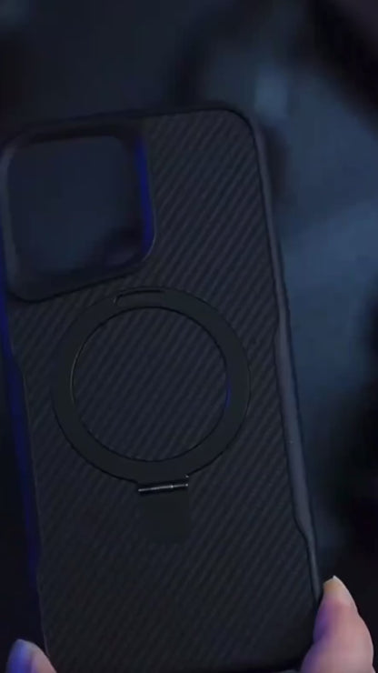Funda magnética de fibra de carbono de lujo para iPhone 16, 15, 14 Plus, 13, 12, 15 y 16 Pro Max, funda protectora con soporte de aleación de aluminio